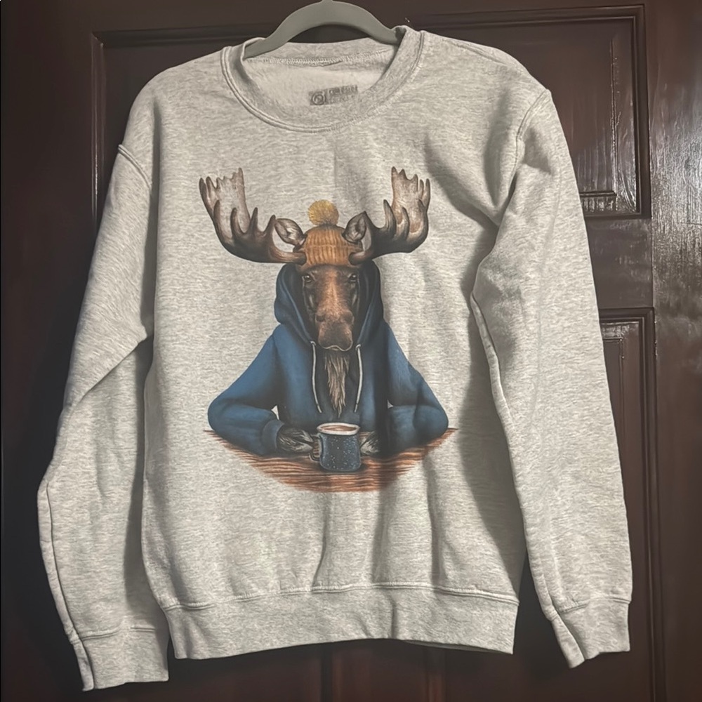 Gray Crewneck Sweater with Moose & Mug Graphic